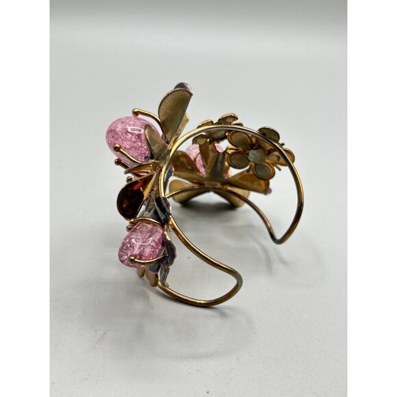 Floral Cuff Bracelet Crackled Glass Rhinestones & Enamels Statement Bracelet - Picture 4 of 12